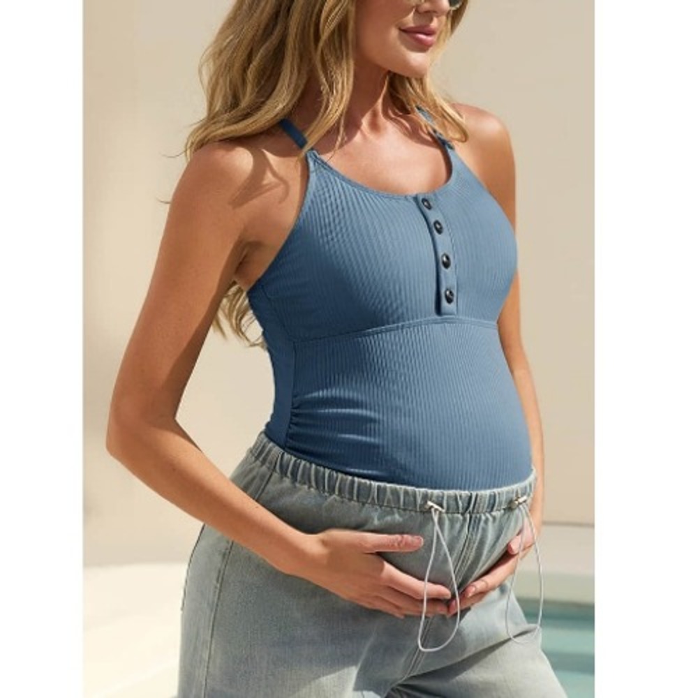 Maternity Ribbed Tankini Top in Steel Blue